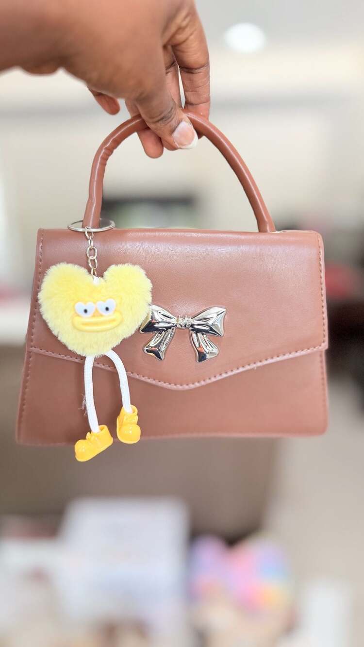 Women's Solid Color Brown Mini Handbag with Silver Bow Detail and Plush Heart Ke